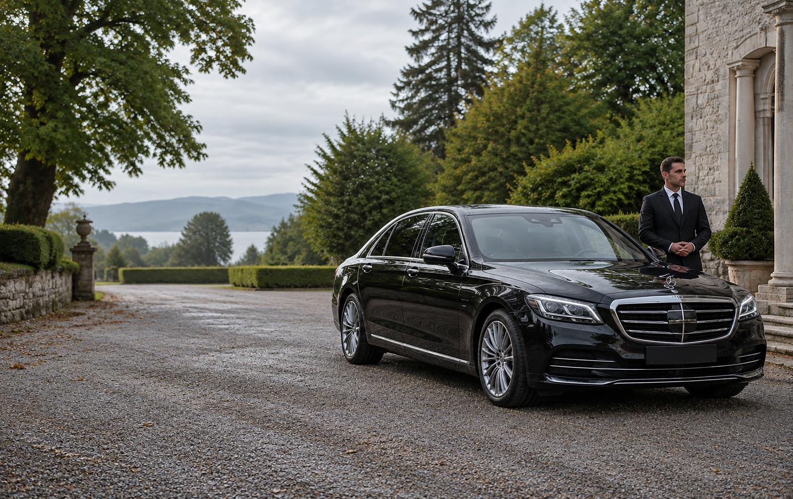 Illustrative scene of a chauffeur beside a black executive saloon on an Irish estate driveway