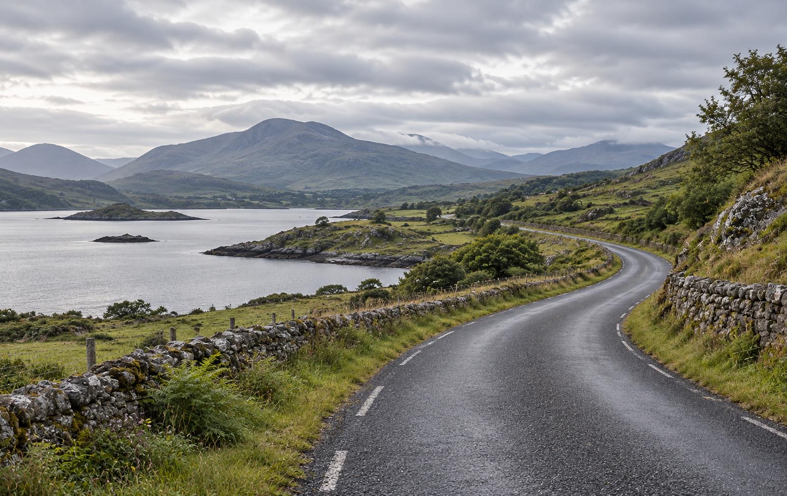 Illustrative Irish lakeside road through a mountainous landscape