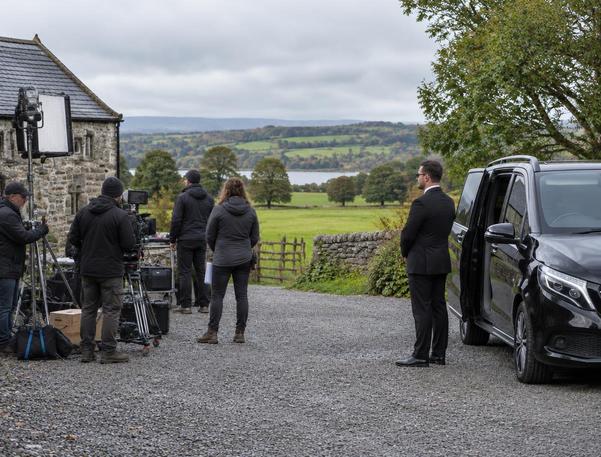 Illustrative scene of film crew, camera equipment and a protection operative beside an executive people carrier in rural Ireland