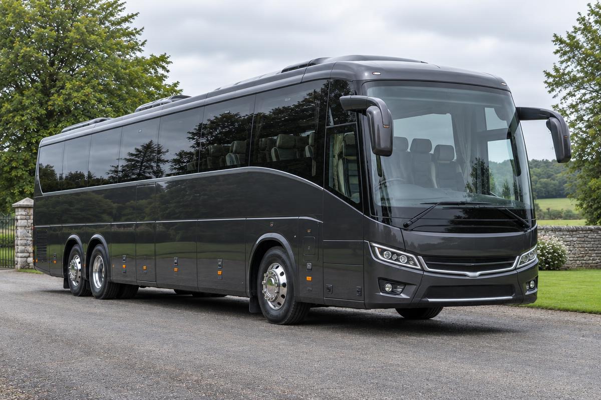 Illustrative scene: Charcoal luxury touring coach on a country estate drive