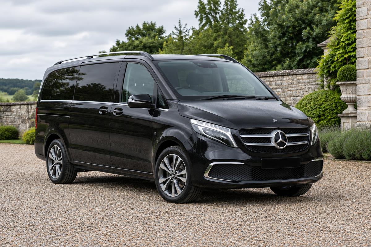 Illustrative scene: Black executive V-Class people carrier on an estate driveway