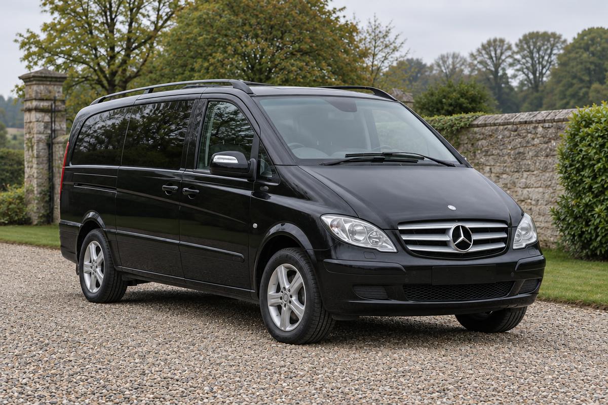 Illustrative scene: Black Viano people carrier beside an estate stone wall