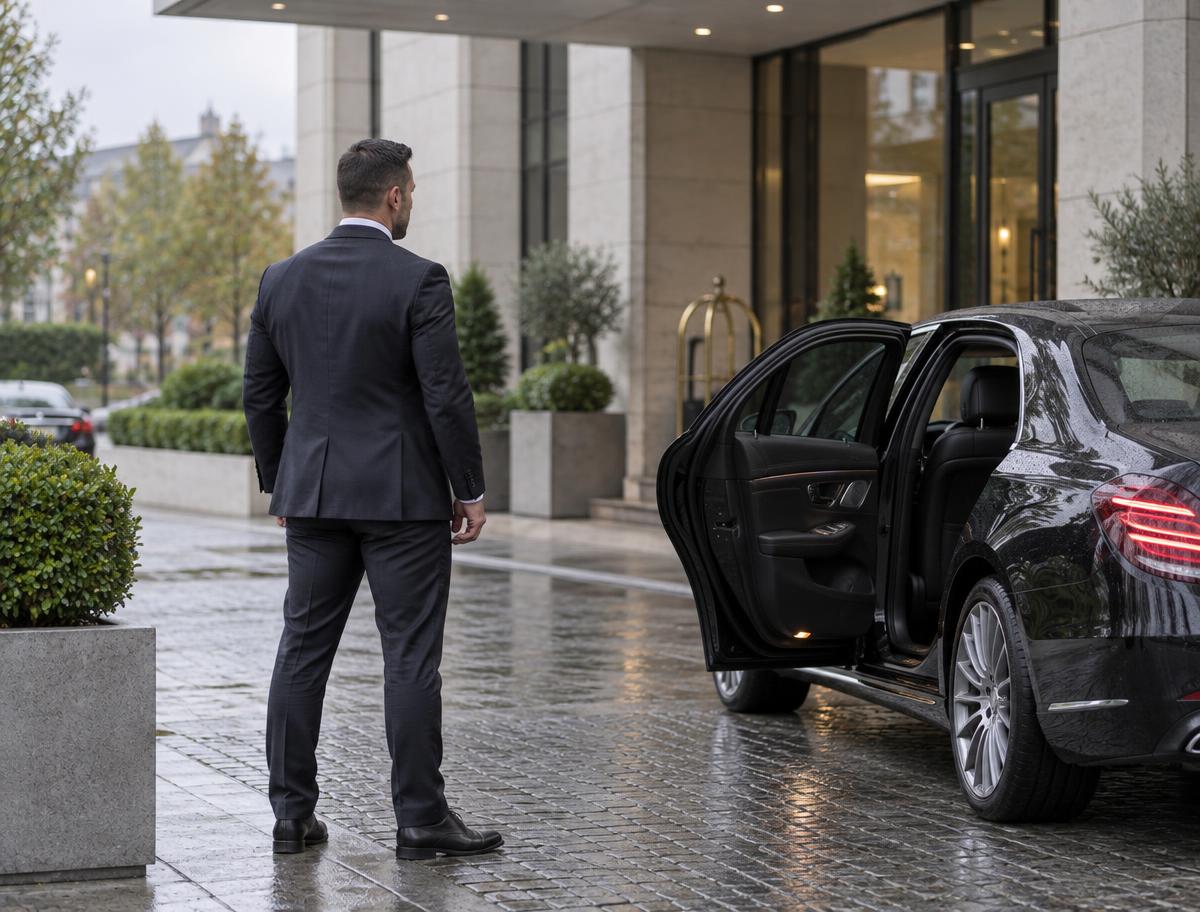 Illustrative scene: Discreet protection operative overseeing a hotel vehicle arrival