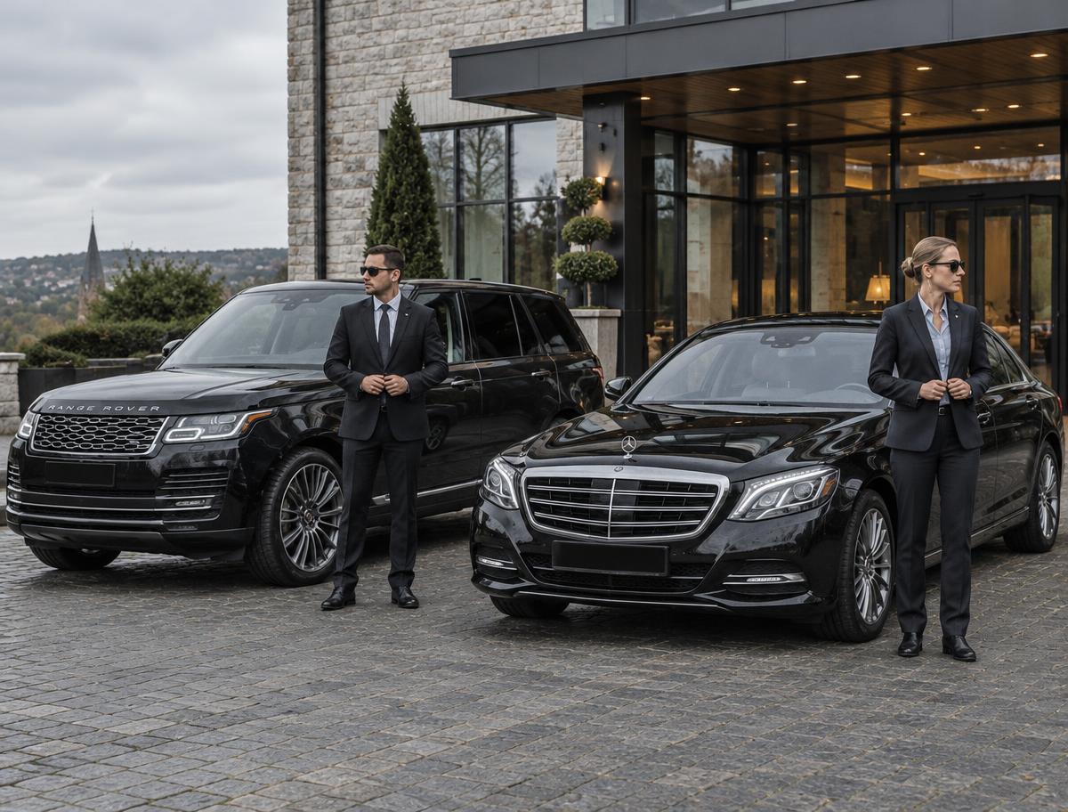 Illustrative scene: Coordinated protection operatives beside executive vehicles at a hotel entrance