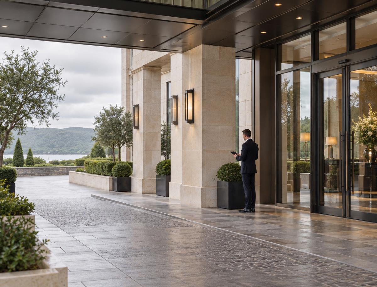 Illustrative scene: Coordinator checking a quiet limestone hotel arrival entrance