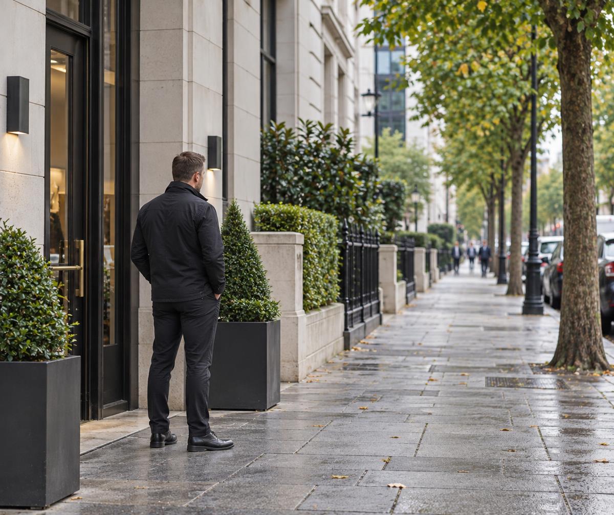 Illustrative scene: Low-profile professional near an entrance on a calm city street