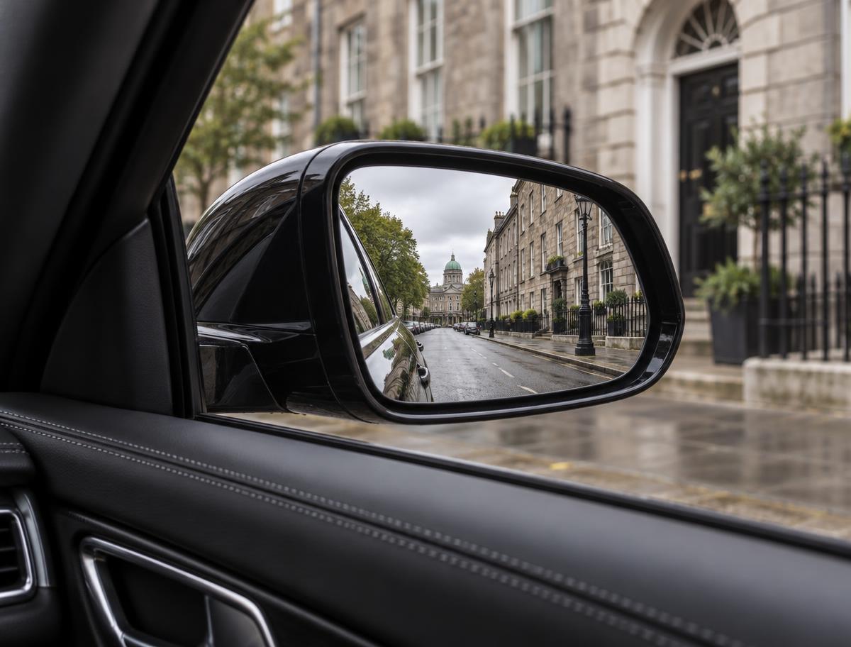Illustrative scene: Executive saloon mirror reflecting a quiet Georgian city street
